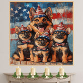 Mother German Shepherd with Three Puppies in Patriotic Outfits and Party Hats on American Flag Background on Ready to Hang 1.5" Thick Canvas Wrap, Floating Framed Canvas, Flat Rolled Canvas